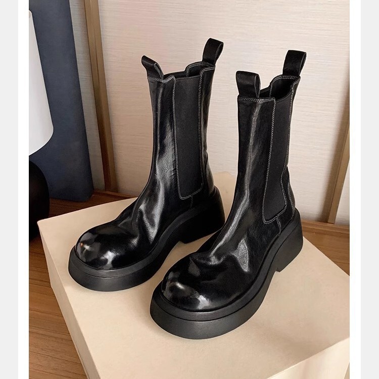 Grape Mom's Same Style, Heavy-Duty 6cm Textured Horsehide Elastic Band Thick-Soled Chunky Heel Short Chelsea Boots for Women