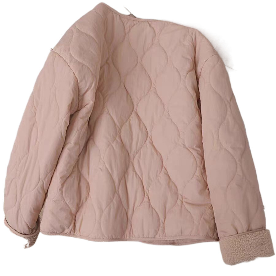 2025 핑크 RHOMBUS FAUX CASHMERE COTTON-PADDED JACKET 여성용 한국식 두꺼운 라운드 넥 코트 코튼 패딩 코트 컬러 블랙