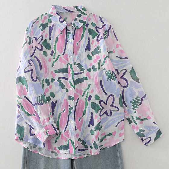 Real shot color ink printed shirt autumn new light breathable basic long sleeve shirt women's top