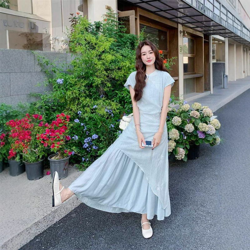 New Chinese-Style National Style Blue Faux Two-Piece Qipao Dress for Women, Summer 2025 New Model, Unique and Beautiful, Super Attractive Long Dress