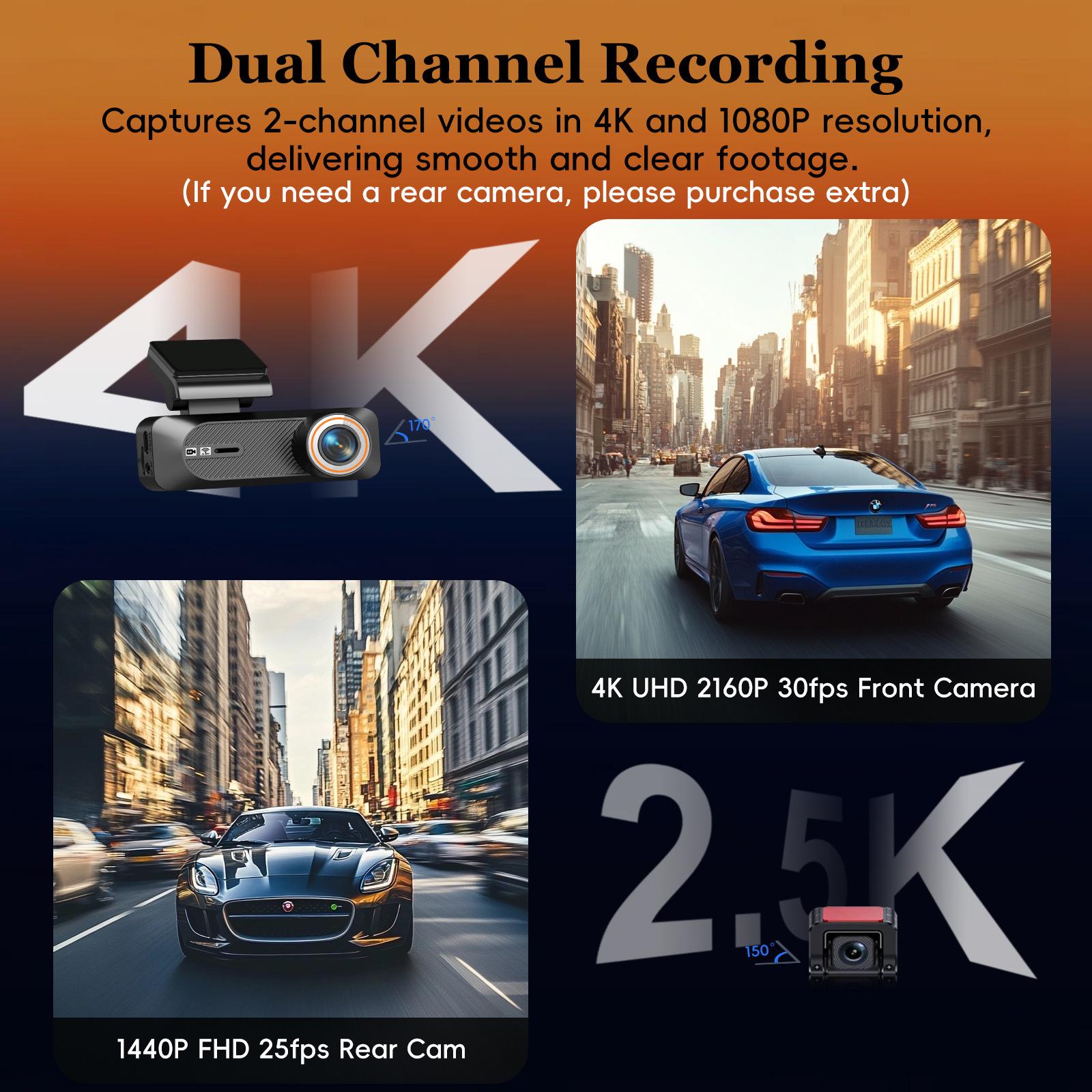 New Cross-Border 4K High-Definition Night Vision Dual-Lens Wifi Front and Rear Dual Recording 24-Hour Parking Monitoring Car Dashcam