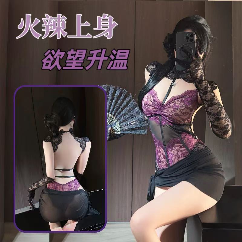 French-Style Lace See-Through Bodysuit Set with Skirt and Patterned Gloves — detail image 1