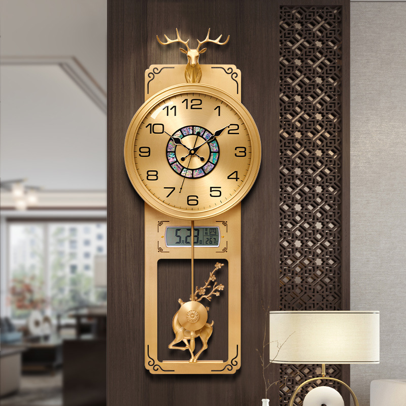新中式黄铜挂钟现代家用客厅钟表简约时钟挂墙国风石英钟表2025新