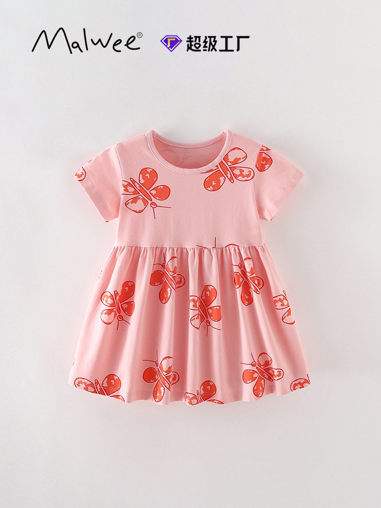 Malwee transfronterizo niñas de mangas cortas vestido de princesa de verano nuevo vestido de cuello redondo de niños europeos y medianos vestido de estilo occidental
