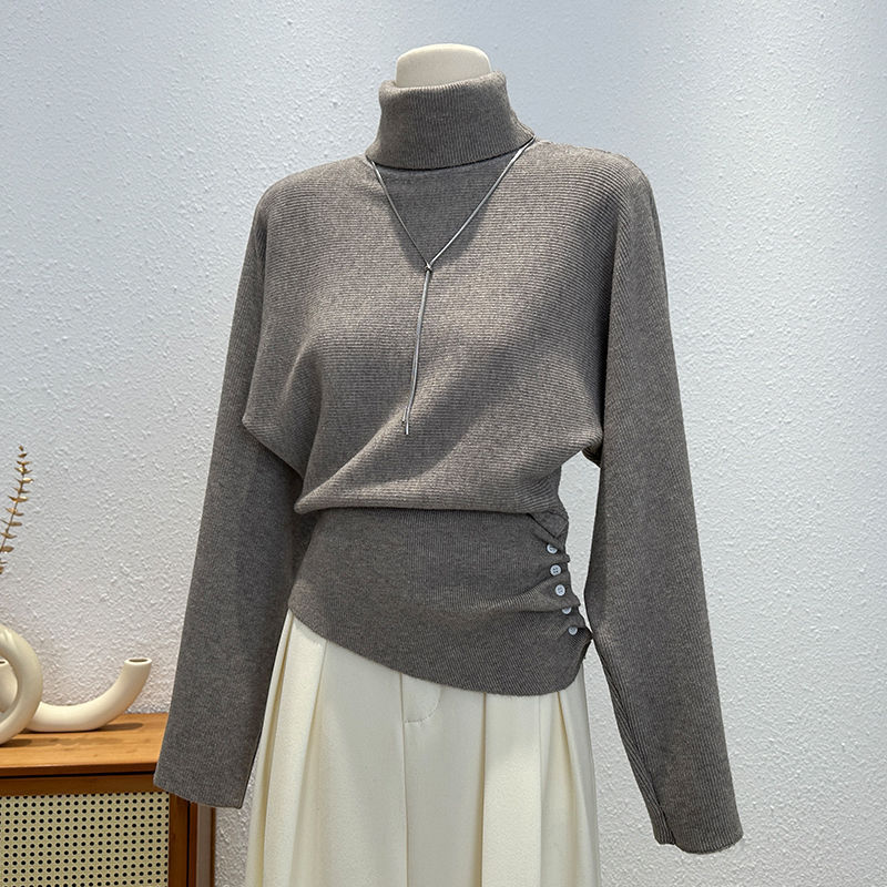 High-Neck Side Pleated Design Knitted Knitwear for Women 2025 Autumn and Winter Inner Waist Slimming Look Top for Women