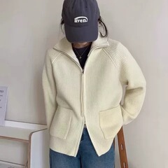 立领拉链长袖针织衫2025秋冬新款大码胖mm慵懒风宽松毛衣开衫外套