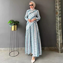 2024新款欧美跨境女装时尚设计感条纹收腰长款连衣裙法式拼接长裙