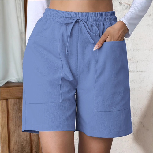 2025 European and American Cross-border Summer New Loose Linen Casual Short Pants with Pockets Solid Color Plus Size High-Waist Wide Leg Pants for Women
