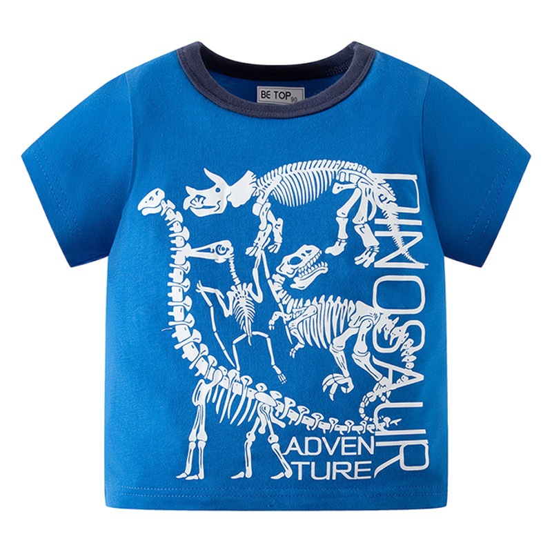Camiseta de algodón de manga corta de dinosaurio de cuello redondo de estilo coreano para niños de verano 2024 para niños ropa infantil al por mayor entrega de una sola pieza