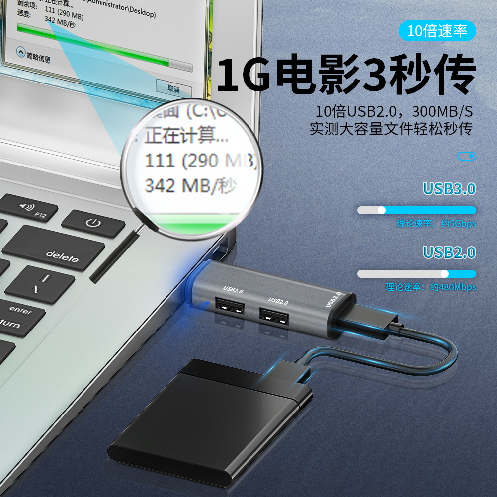 USB 3.0 Expansion Hub Aluminum 3-Port Hub Multi-Interface Splitter Laptop Expander