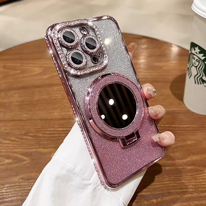 IPhone16メッキ水ドリル化粧鏡磁気吸引スタンド携帯ケースリンゴ15レンズ付きフラッシュソフトカバー|undefined