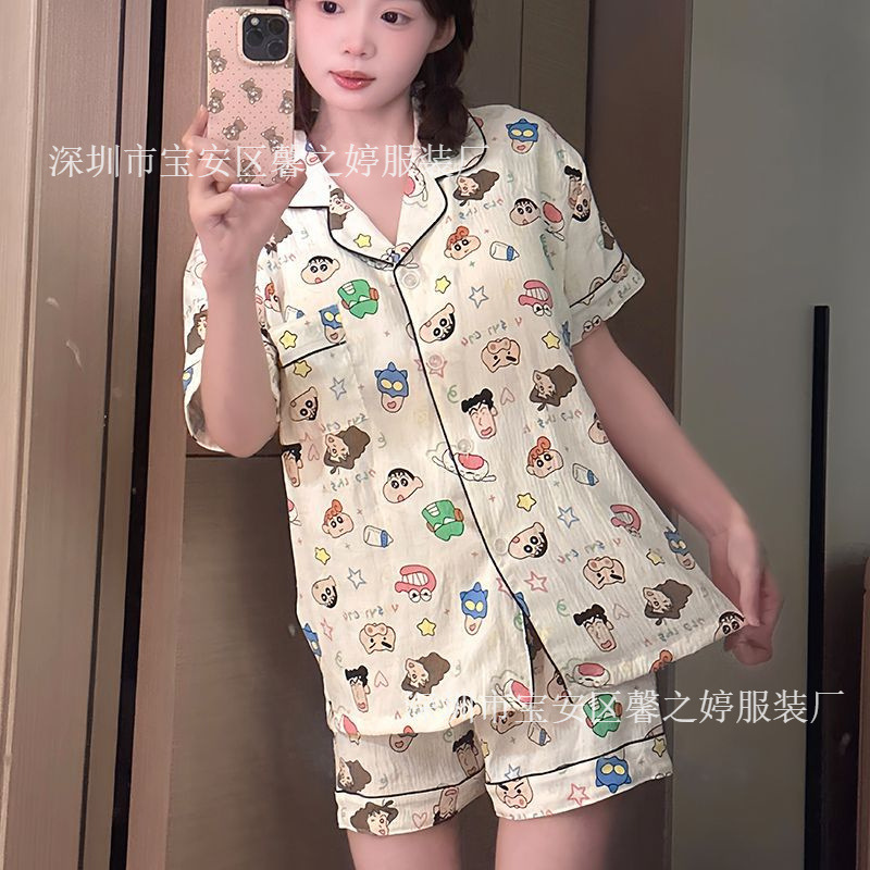 夏季三件套新款睡衣女云朵棉开衫短袖短裤长裤卡通直播家居服工厂