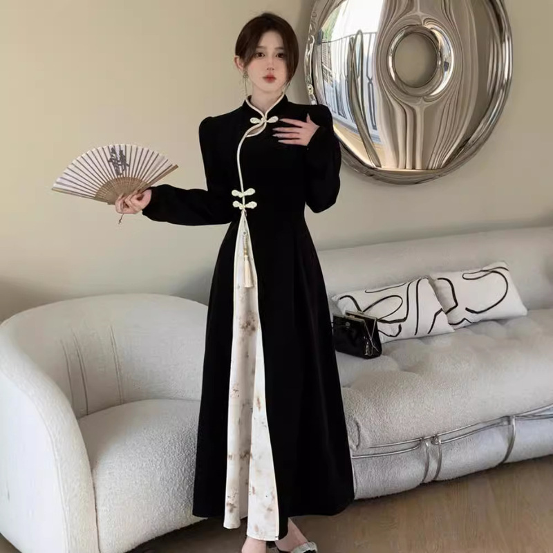 Spring and Autumn New Chinese Style National Style Vintage Improved Cheongsam Skirt Women's plus size chubby girl Slimming Long Sleeve High Waist dress