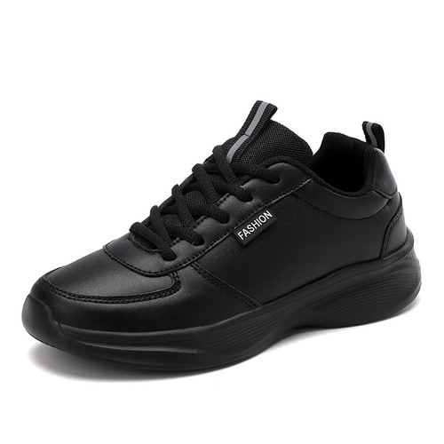 Women's Autumn Sports Shoes with Leather Surface, Waterproof, Thick Sole, Comfortable, All Black, KFC Kitchen Anti-Slip Work Shoes