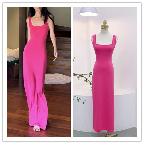 7586 Thai-Style~Autumn Square-Neck Twisted Cross-Backless Waist-Cinching Slit Knit Dress Spaghetti Strap Long Dress