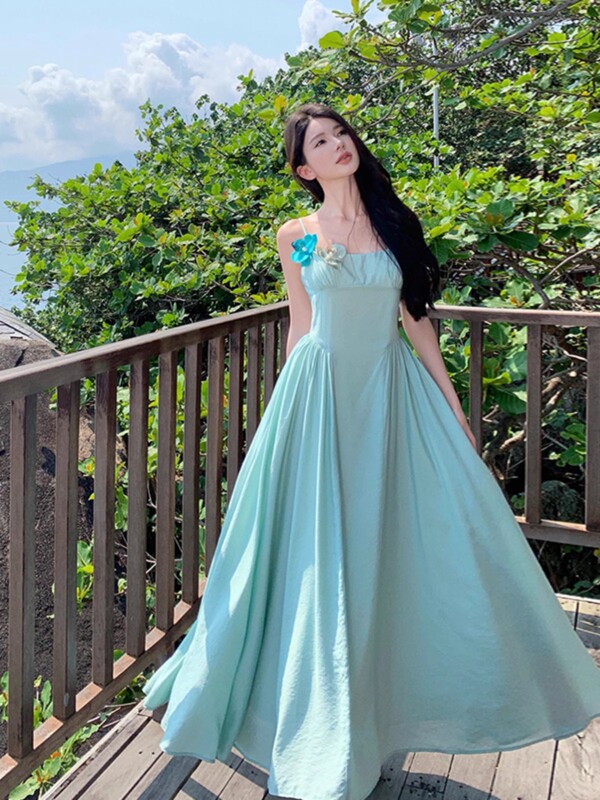 Beautiful French-Style Spaghetti-Strap Waist-Cinching Long Dress, Ankle-Length, Super Long Style, Seaside Vacation Style Dress, Summer Flared Dress Beautiful French-Style Spaghetti-Strap Waist-Cinching Long Dress, Ankle-Length, Super Long Style, Seaside Vacation Style Dress, Summer Flared Dress