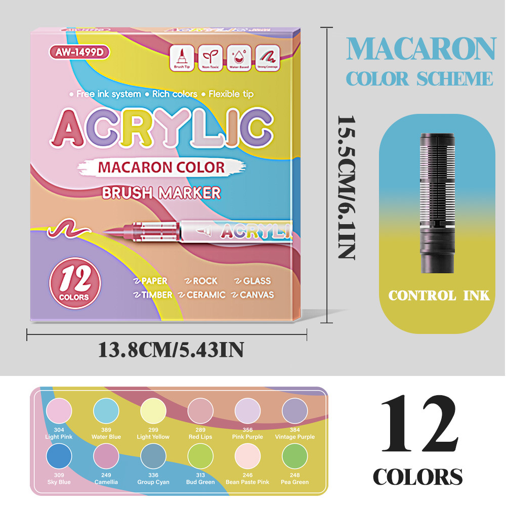 Macaron 12 colores líquido directo acrílico marcador de cabeza suave conjunto de pincel de dibujo de estudiantes y niños no mareado pincel de dibujo a mano