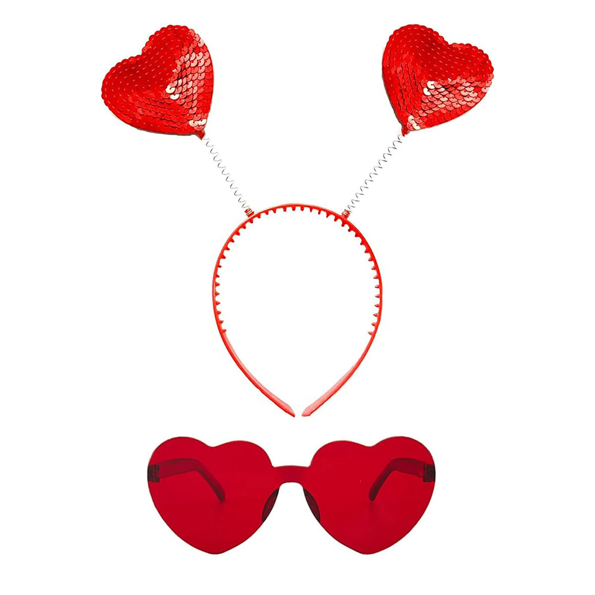 Día de San Valentín en forma de corazón diadema brillo cabeza hebilla gafas rojas en forma de corazón conjunto de dos piezas fiesta melocotón corazón lentejuelas diadema