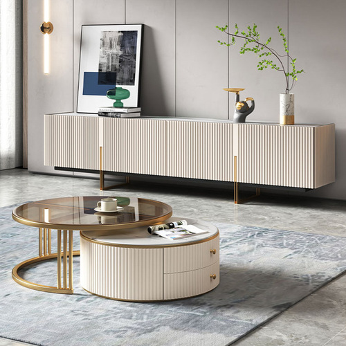 Light Luxury Coffee Table & TV Cabinet Combo: Stainless Steel, Solid Surface, Round Design for Living Room