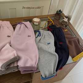 大小卷加绒裤子25冬新款男童女童简约一体绒运动裤子休闲儿童长裤
