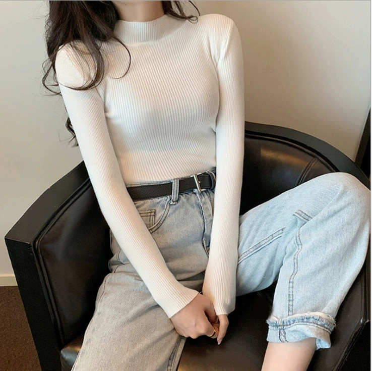 Свитер облегенного кроя из rib-knit, корейский стиль, высокий воротник, длинный рукав, один размер