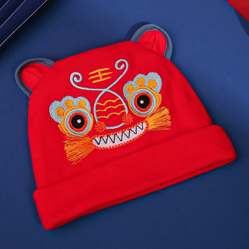 Tiger head hat baby hat red full moon 100-day-old baby hat fetal hat spring and autumn Chinese style embroidery HTM29