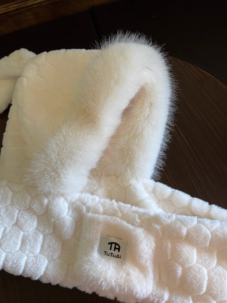 Cute Bunny Scarf Combo For Women Winter Korean Style Face Slimming Fleece Lined Thickened Plush Ear Protection Lei Feng_voghion.com
