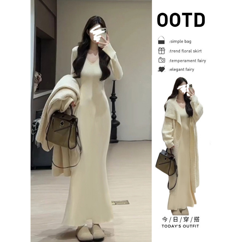 White Lotus Fishtail Skirt Women's Autumn Dress Long Slim Fit Knitted Coat with Autumn Long Skirt White Lotus Fishtail Skirt Women's Autumn Dress Long Slim Fit Knitted Coat with Autumn Long Skirt