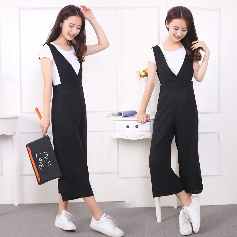 Jinbukang Summer Korean Style Nine-Point Chiffon Suspenders Wide-Leg Pants for Female Students Loose-Fitting Seven-Point Jumpsuit Set High Waist Jinbukang Summer Korean Style Nine-Point Chiffon Suspenders Wide-Leg Pants for Female Students Loose-Fitting Seven-Point Jumpsuit Set High Waist