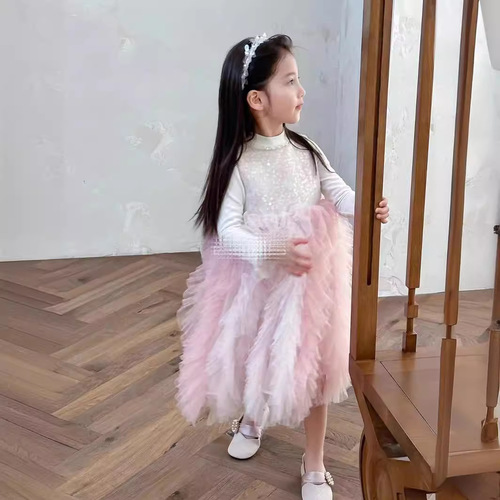Children's Girls Autumn/Winter Dress New Pink Birthday Dress Baby Tulle Princess Dress Sparkling Backless Dress