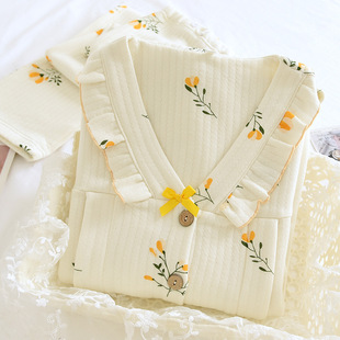 Air Layer Magnolia Flower Moon Clothing Autumn and Winter Thickened Pregnant Women's Home Clothing Suit Maternal Air Cotton Nursing Pajamas
