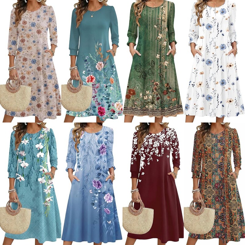 Women's Summer 2026 Pocketed Three-Quarter Sleeve Floral Mid-Length Casual Dress