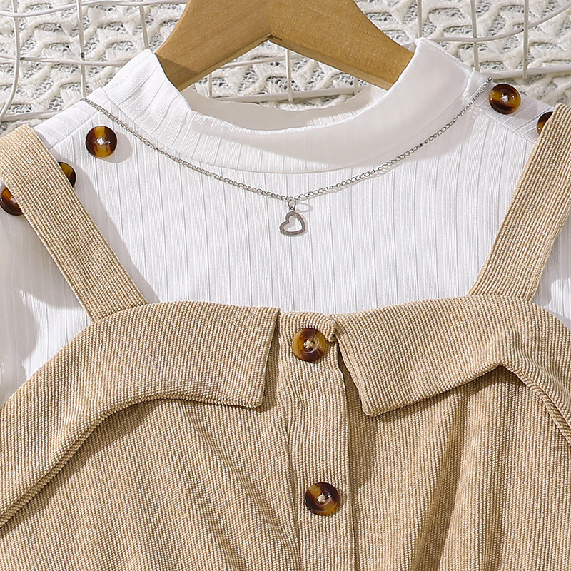 Conjunto de vestido de tirantes para niñas Otoño 2024 Nueva camiseta de manga larga para niñas medianas y grandes Ropa de mujer_voghion.com