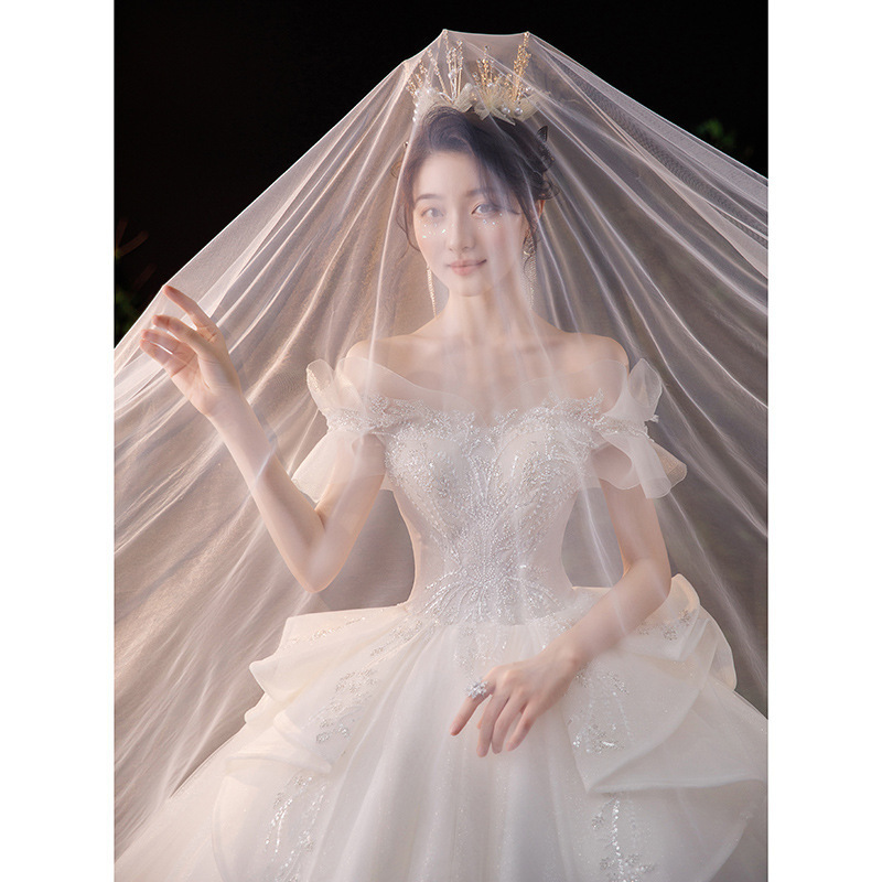 Vestido de novia estilo francés, nueva colección primavera 2026 para novias, vestido principal de hombros descubiertos, estilo princesa de palacio con cola larga, vestido de tul ligero. image 4