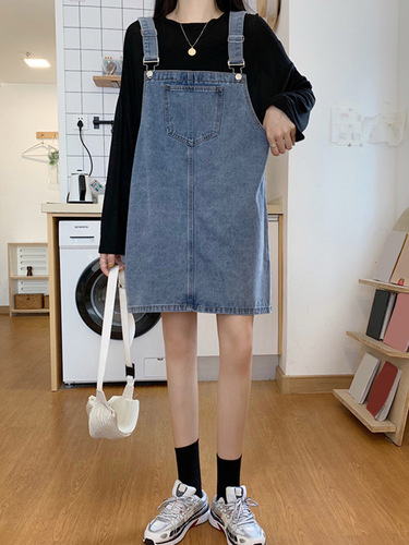 Autumn Korean Version Ins Retro High-Waist Loose Denim Belted Dress for Women, Versatile Design, Slimming, One-Piece Short Skirt Trend
