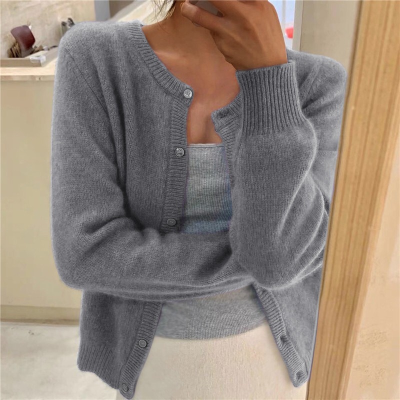 European and American New Solid Color Knitted Cardigan Single-Breasted Long-Sleeved Round Neck Casual Cardigan Amazon Cross-Border Sweater for Women