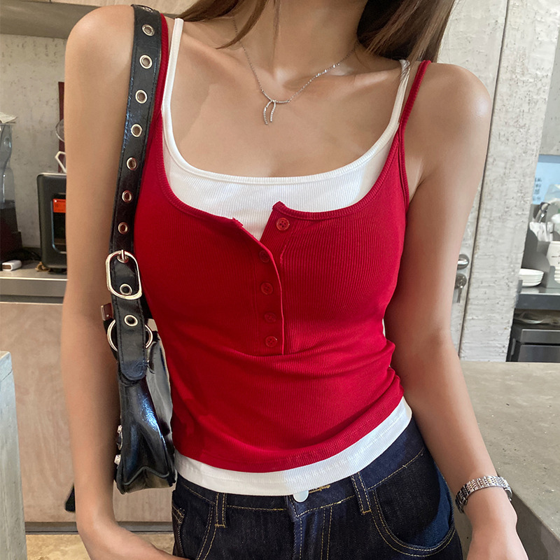 2026 Red Camisole with Chest Pads for Women, Summer Outerwear, New Style, Faux Two-Piece, Sleeveless Top for Layering
