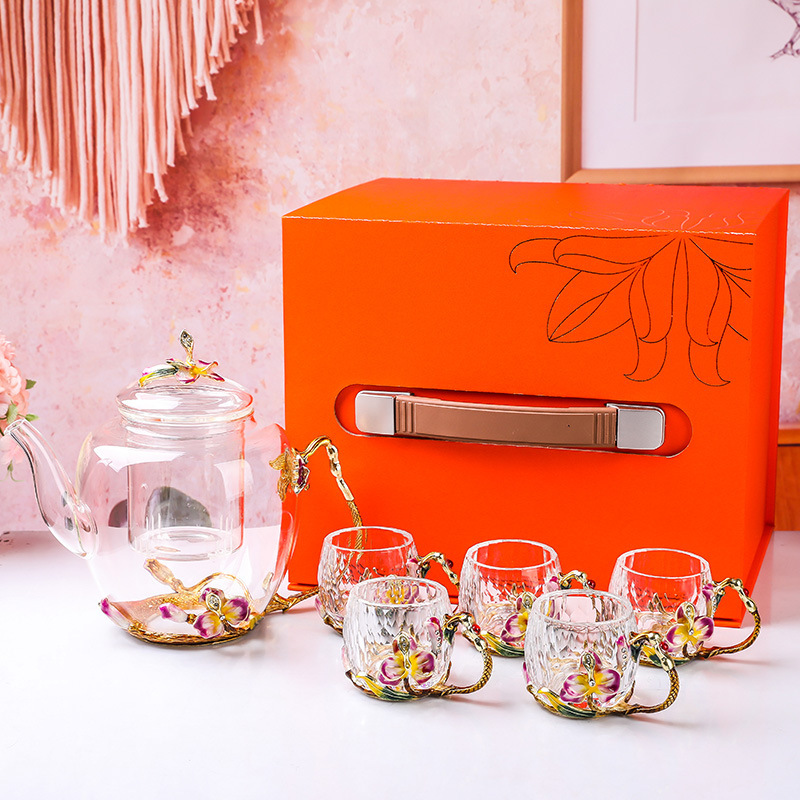 나비꽃찻주전자 + 작은컵 5개