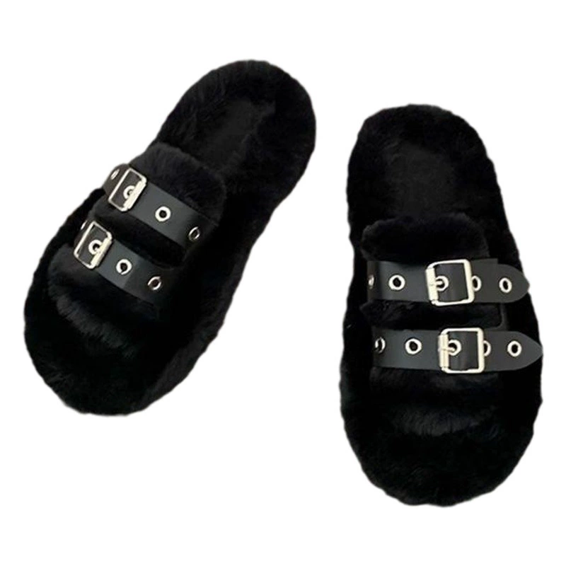 Осенне-зимние Новые пушистые тапочки на толстой подошве, верхняя одежда, женская кожаная модная Высококачественная двойная Пряжка, легкая Роскошная на ощупь
