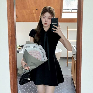 韩系甜美风翻领短袖连衣裙女2026新款夏季收腰显瘦小个子a字短裙