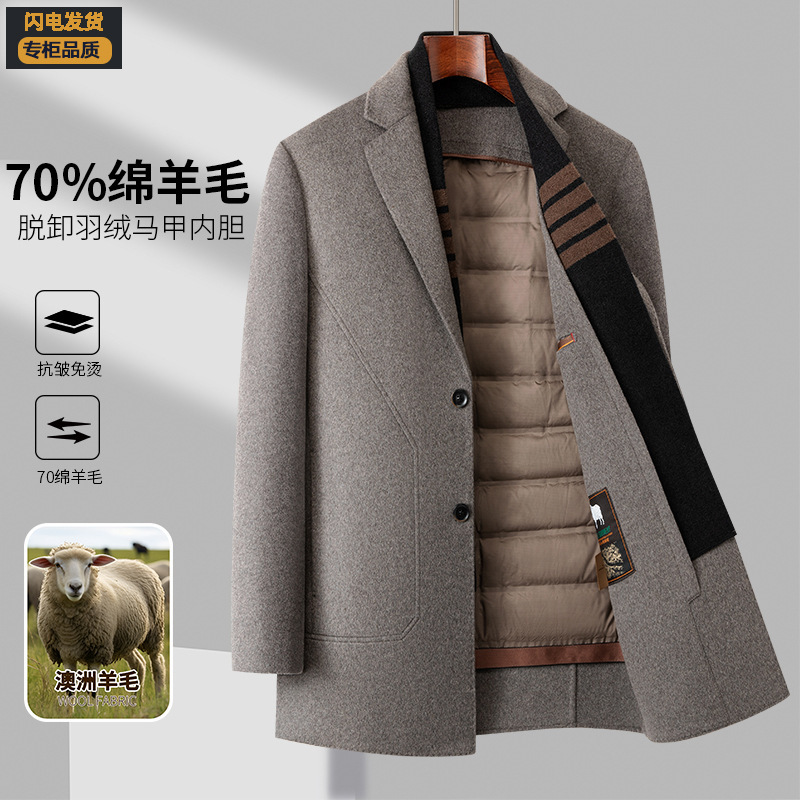 Men's Wool Coat Autumn and Winter Mid-Length Business Casual Removable Down Liner Middle-Aged and Elderly Woolen Coat