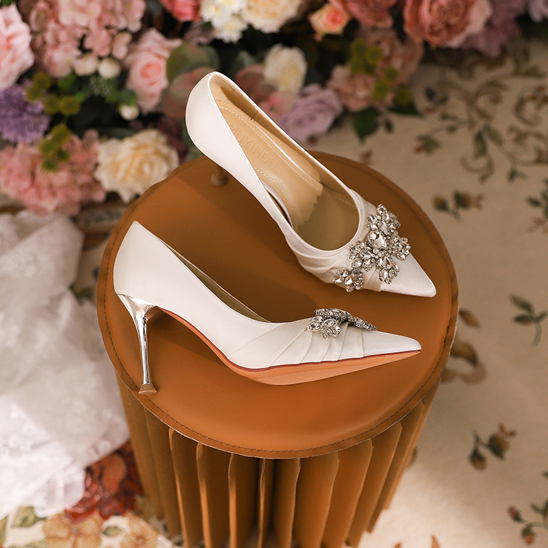 H-18 High Heels Wedding Banquet Women Elegant Stiletto Sexy Bridesmaid Pointed Toe Style White Large Size Single_vogvips.com