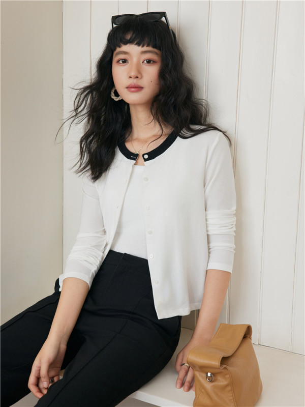 miu系撞色~莱赛尔天丝纽扣针织开衫女春秋基础百搭长袖圆领上衣|undefined