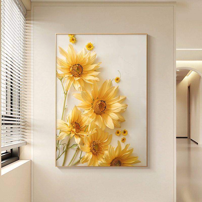 クリームひまわりリビングルームソファ背景壁装飾絵画ハイエンドテクスチャ床壁画玄関廊下吊り絵画|undefined