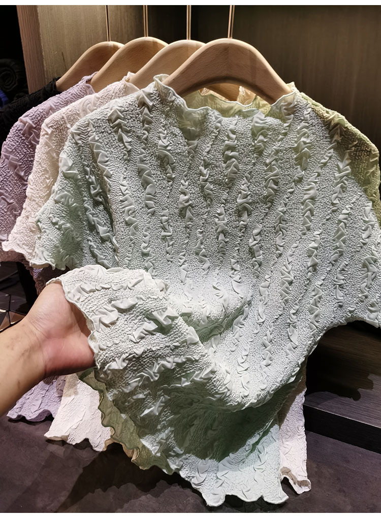 Áo thun nữ tay ngắn cổ tròn phối ren hoa nổi cao cấp — màu đen, Xanh lá cây nhạtcolor, màu tím nhạt, màu mơ chi tiết 8