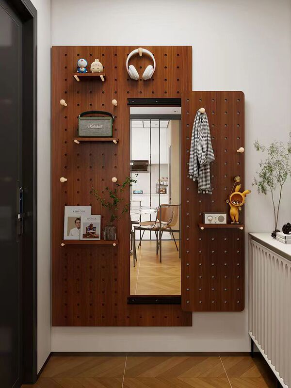 Perforated Board Entrance Wall Dressing Mirror Invisible Sliding Clothes Hanger Decorative Solid Wood Hanging Board Storage Rack