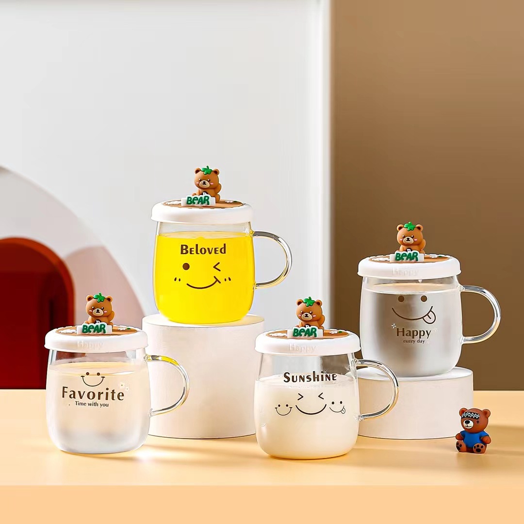 Creativo regalo personalizado lindo oso taza de cristal con tapa muñeca expresión taza de café taza de la Oficina