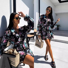 2024夏季新款女士跨境亚马逊速卖通爆款印花长袖V领连体裤短裤