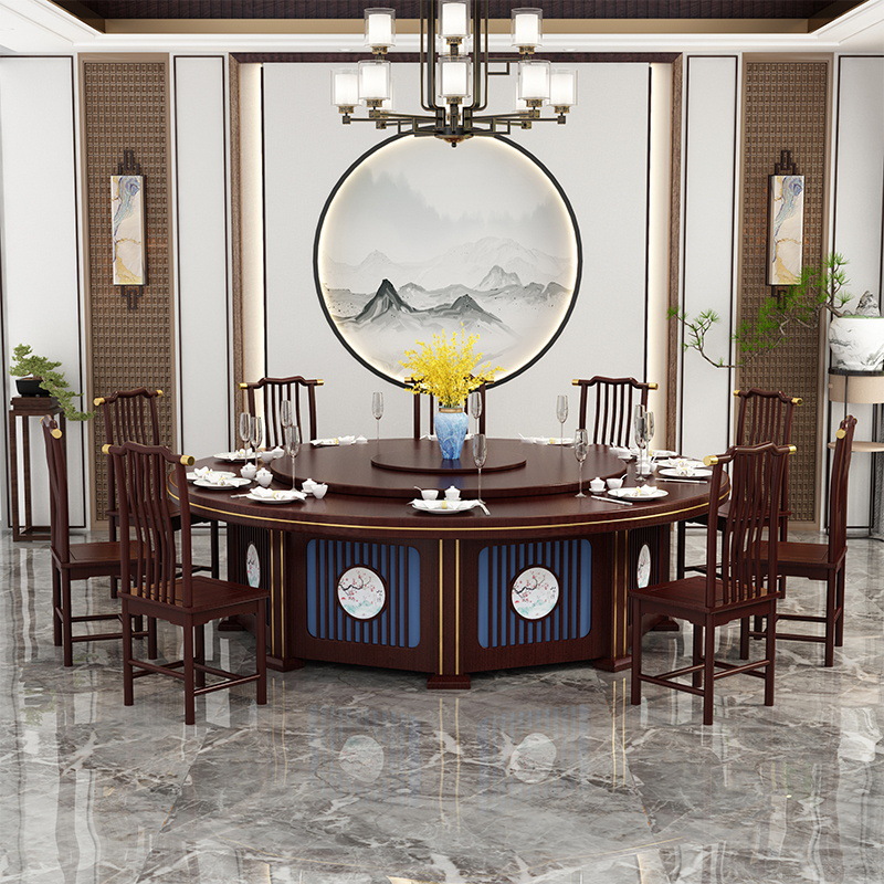 Hotel electric dining table large round table Chinese style club hotel banquet box restaurant 20 people solid wood dining table and chairs combination