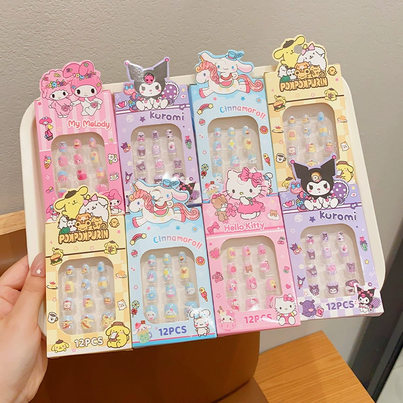 Съемные детские наклейки для ногтей (Sanrio), наборы по 12 шт., милые съёмные накладные ногти